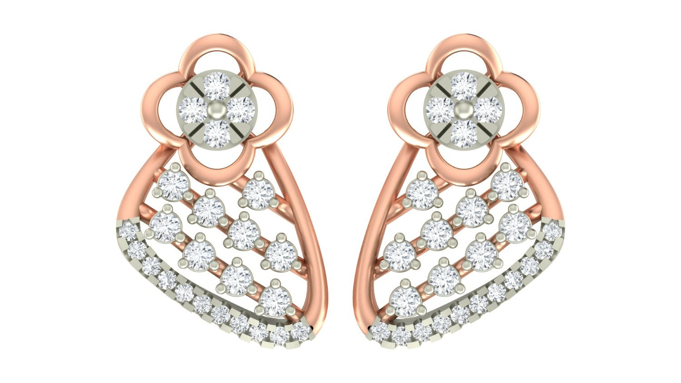 A pair of ornate, rose gold earrings featuring intricate floral-inspired designs at the top and delicate, sweeping curves.