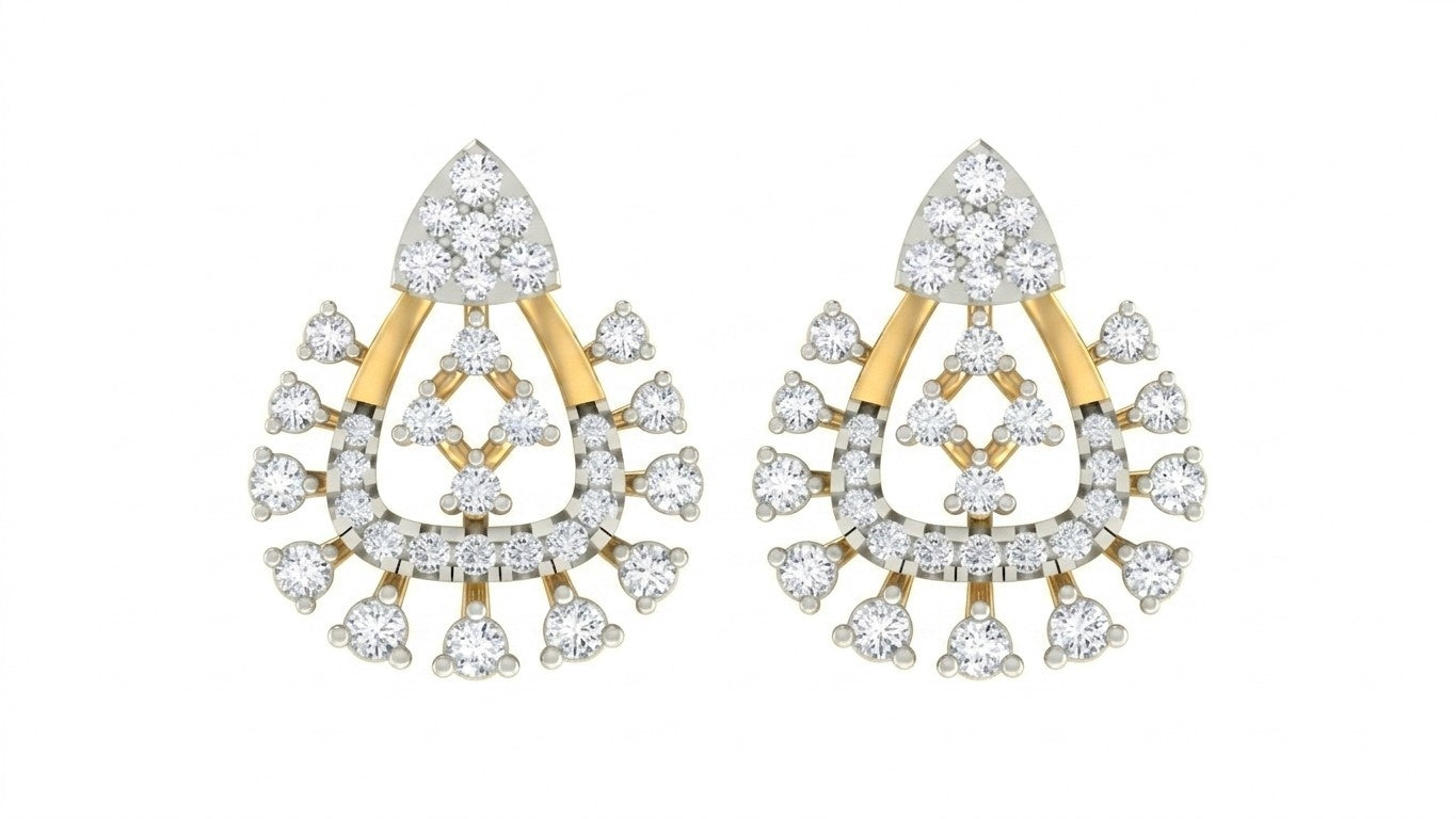 Yellow gold and diamond stud earring with floral-shaped on a white background.
