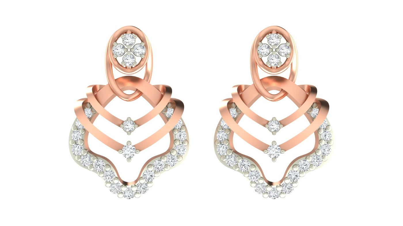 Pair of rose gold and diamond stud earrings on a white background