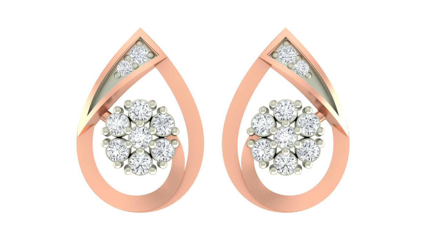 Rose gold and diamond stud earring with teardrop-design on a white background