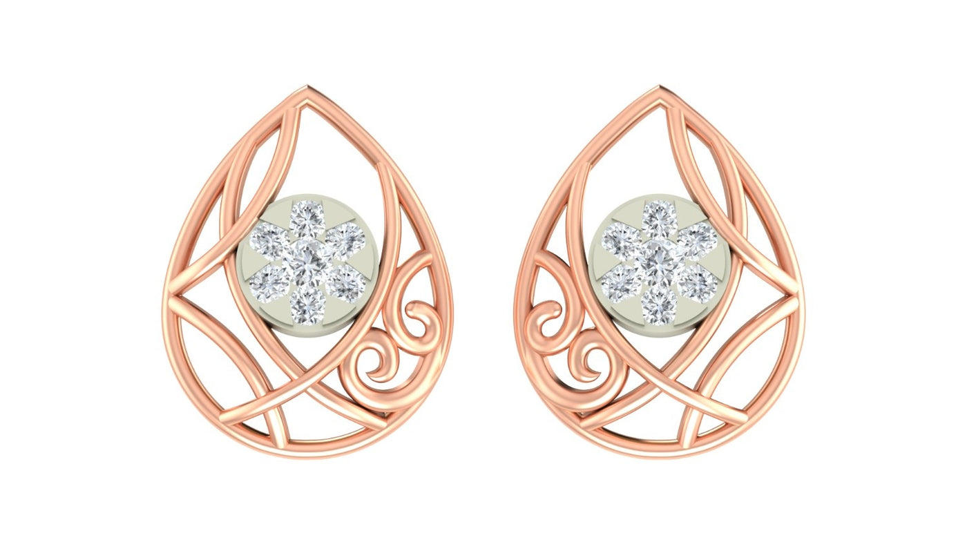 Rose gold and diamond earrings with teardrop design on a white background