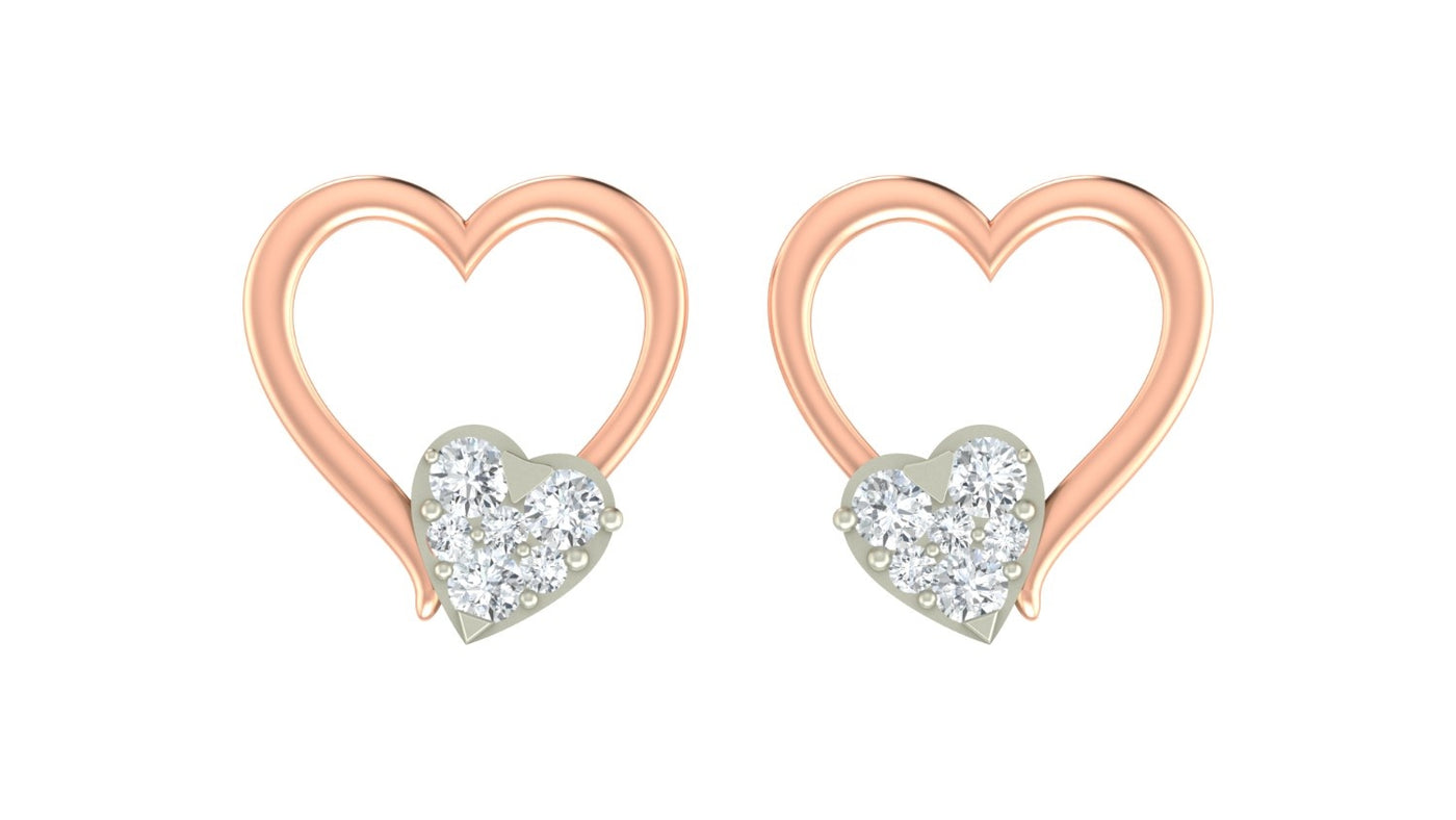 Rose gold and diamond heart-shaped stud earring on a white background.