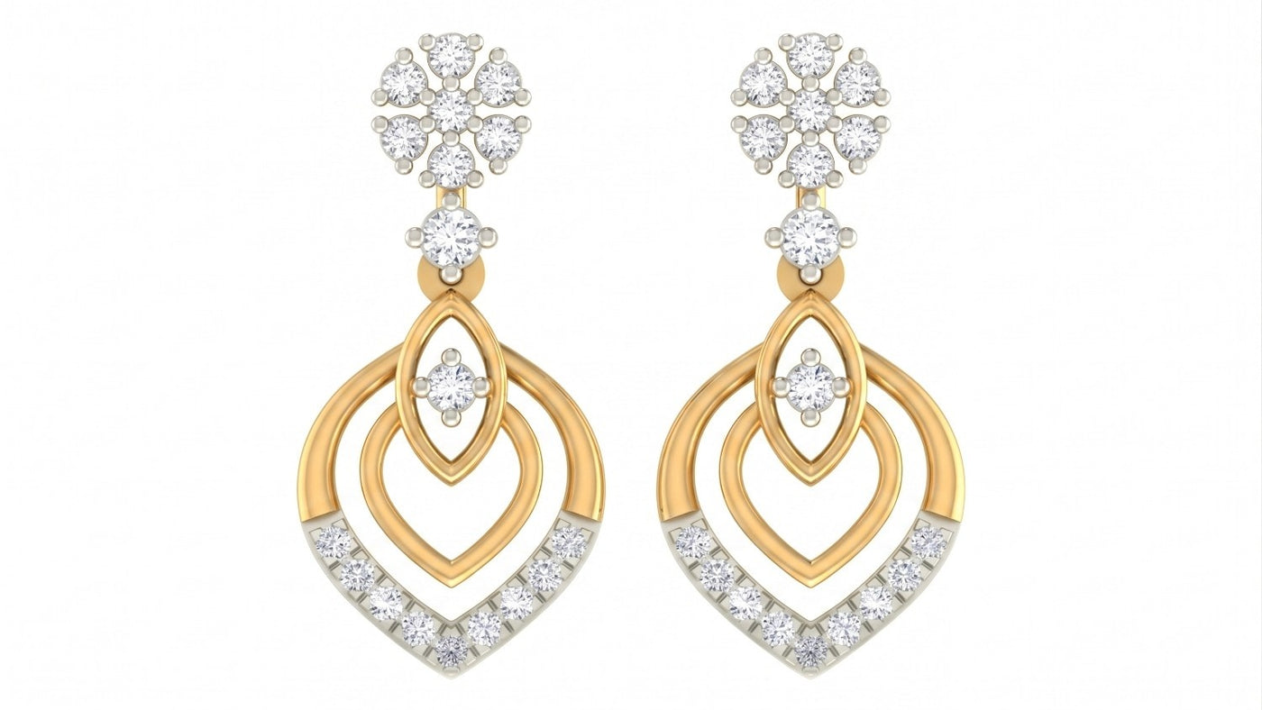 Pair of yellow gold and diamond drop earrings on a white background