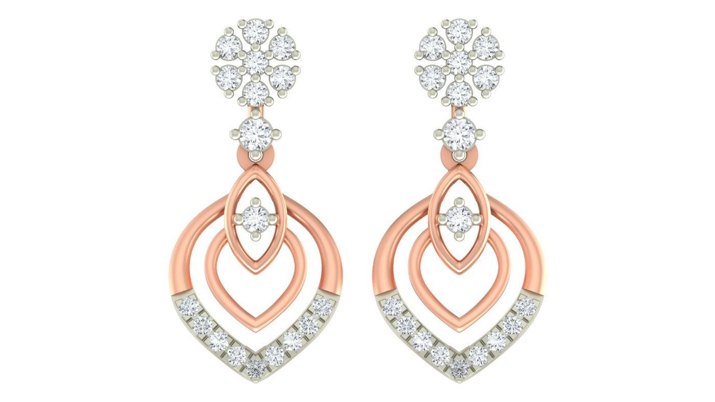 Pair of rose gold and diamond drop earrings on a white background