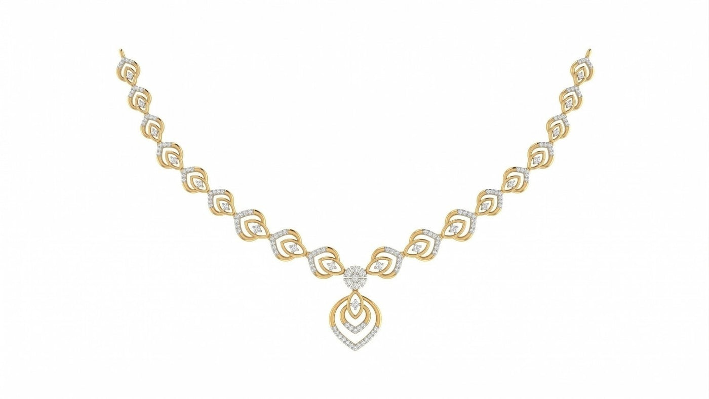 A yellow gold and diamond necklace, displayed on a solid white background.