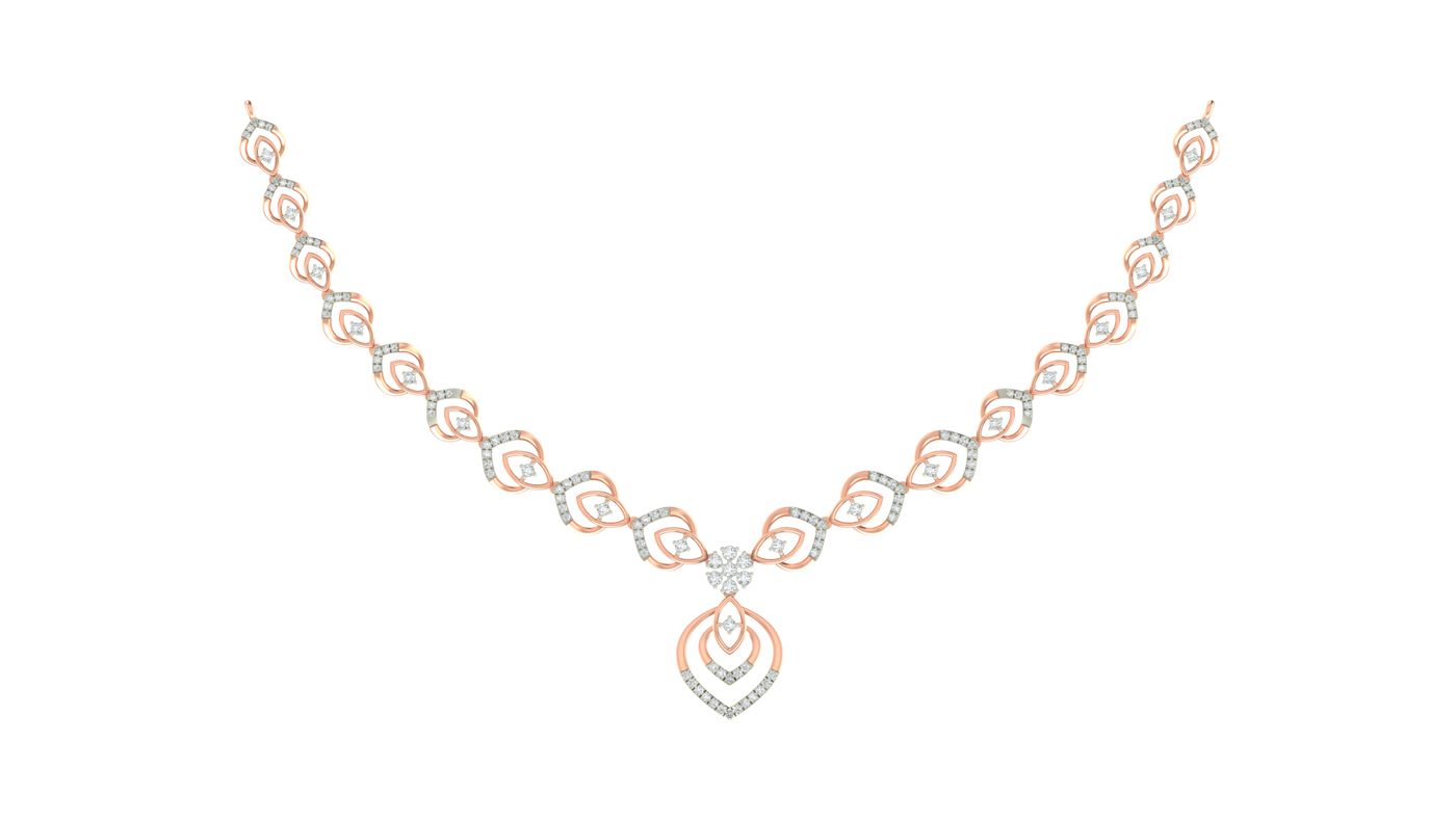 Rose gold and diamond necklace on a white background