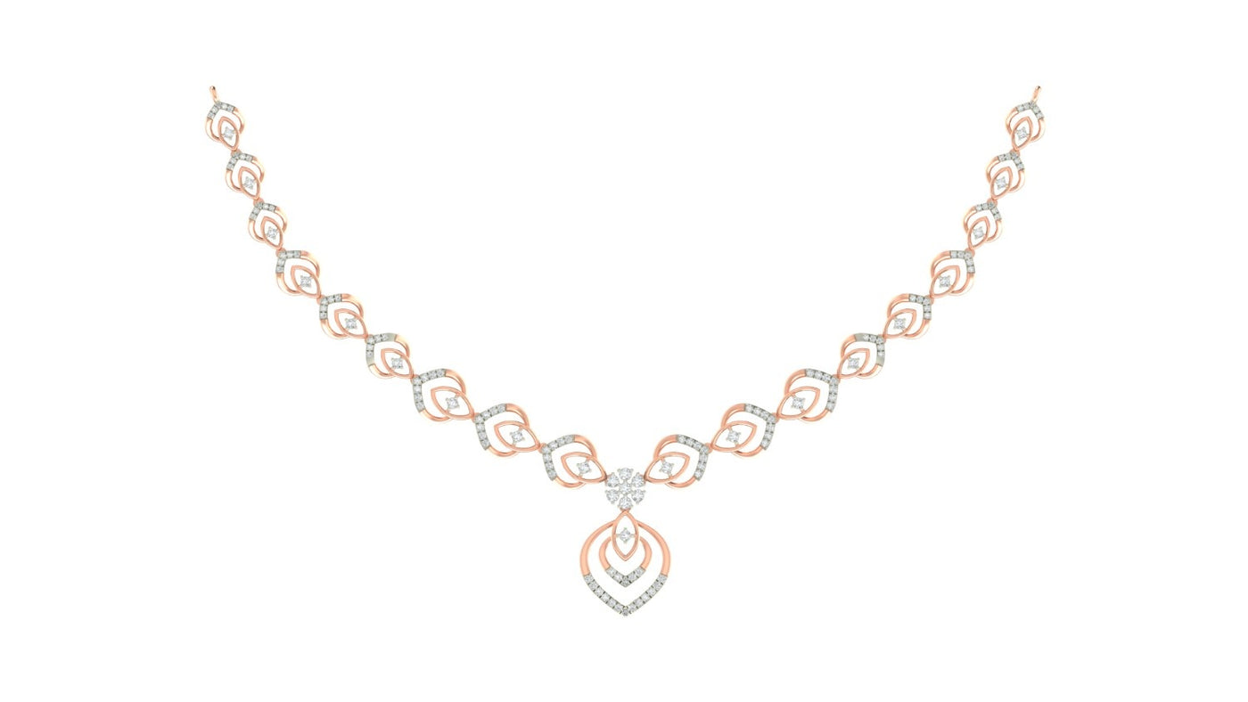 A rose gold and diamond necklace, displayed on a solid white background.