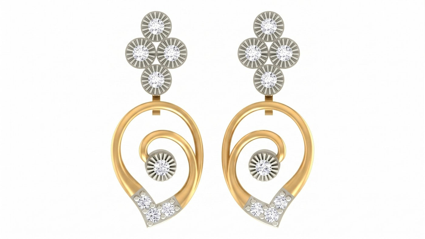 Yellow gold and diamond drop earrings on a white background