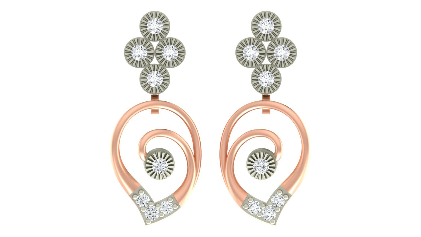 Rose gold and diamond drop earrings on a white background