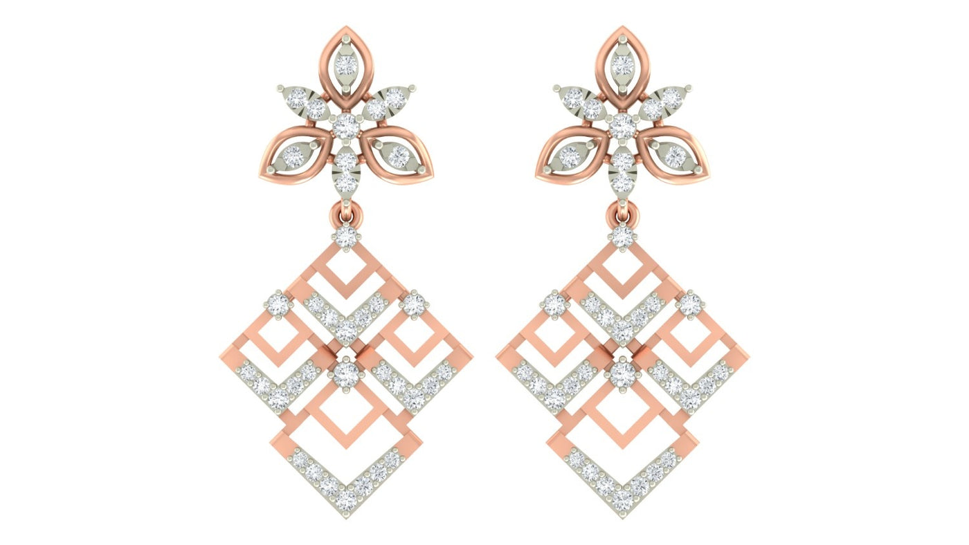 Rose gold and diamond earrings on a white background
