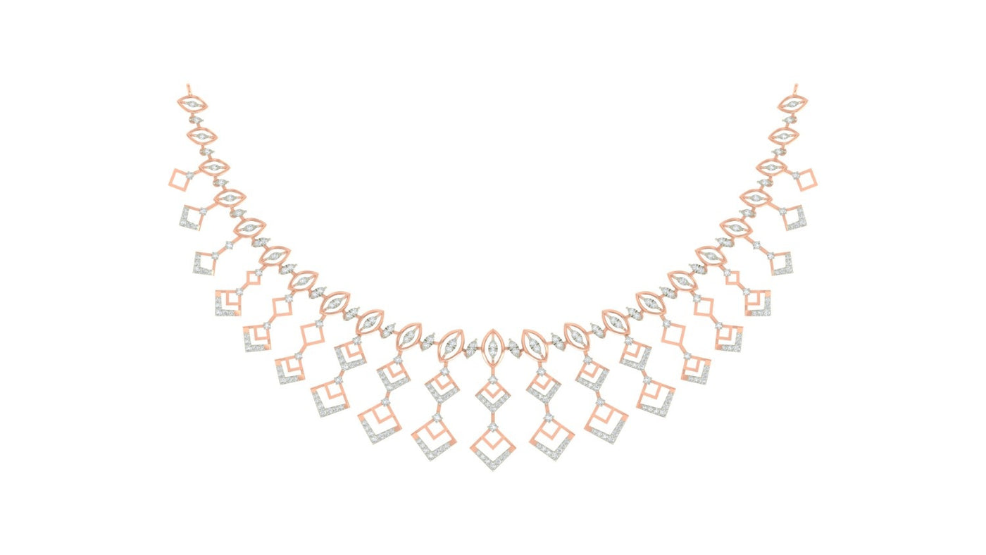 Rose gold and diamond necklace with a geometric diamond pattern, displayed on a solid white background.