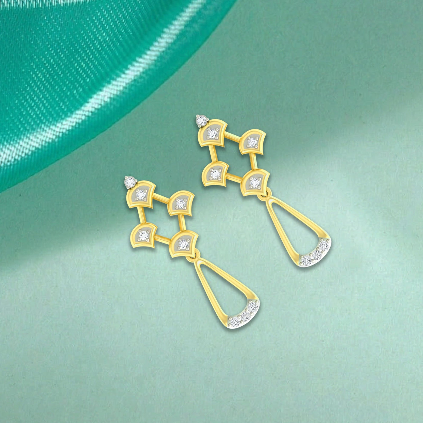 A pair of yellow gold geometric dangle earrings with open teardrop bottoms and diamond accents, 