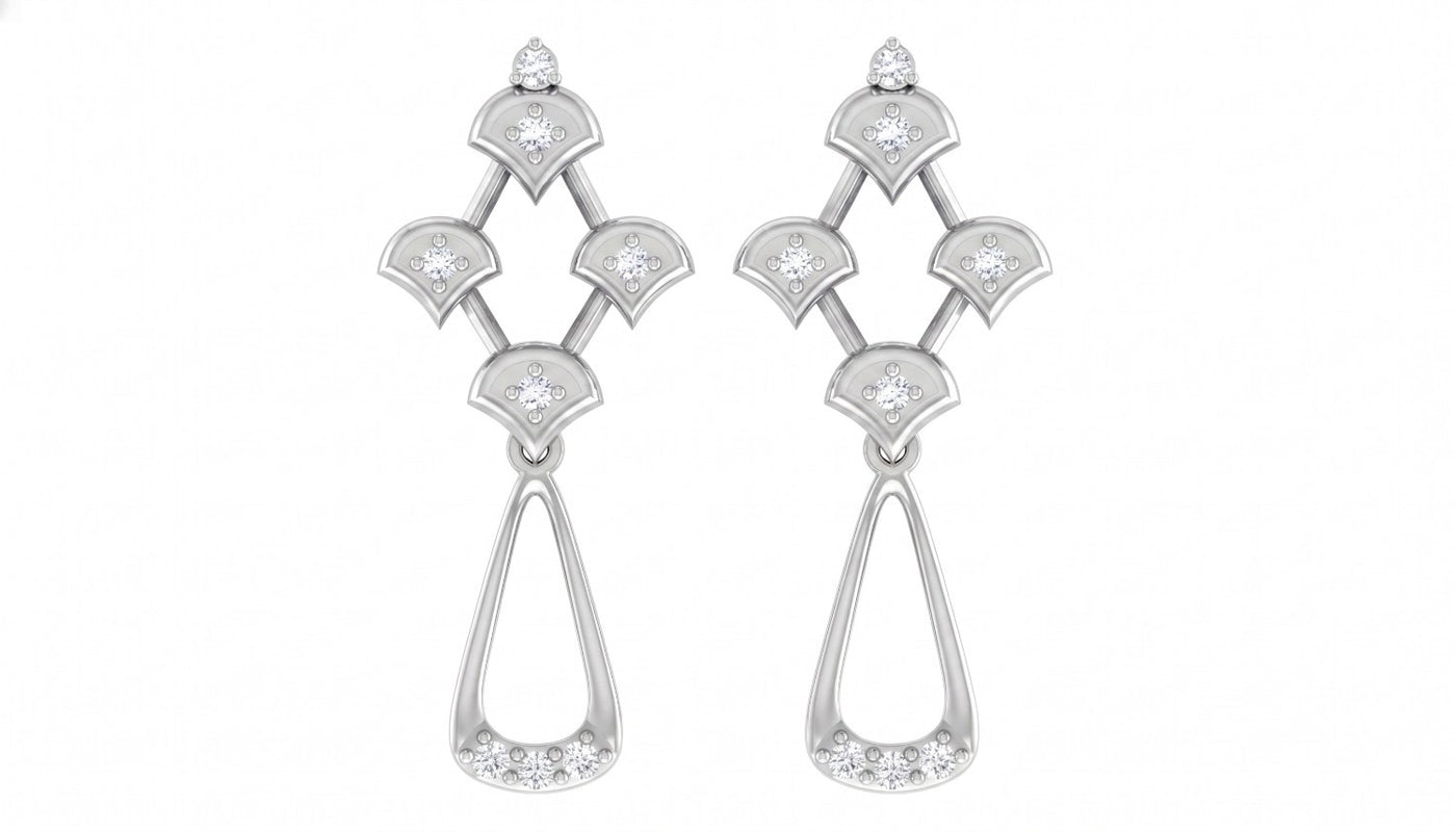 White gold and diamond drop earring ona white background.