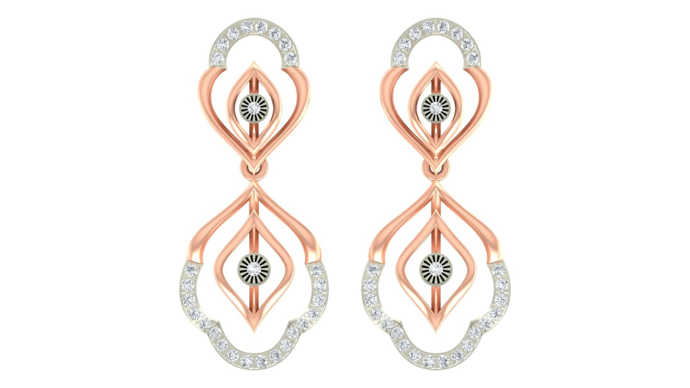 Rose gold and diamond drop earring on a white background.