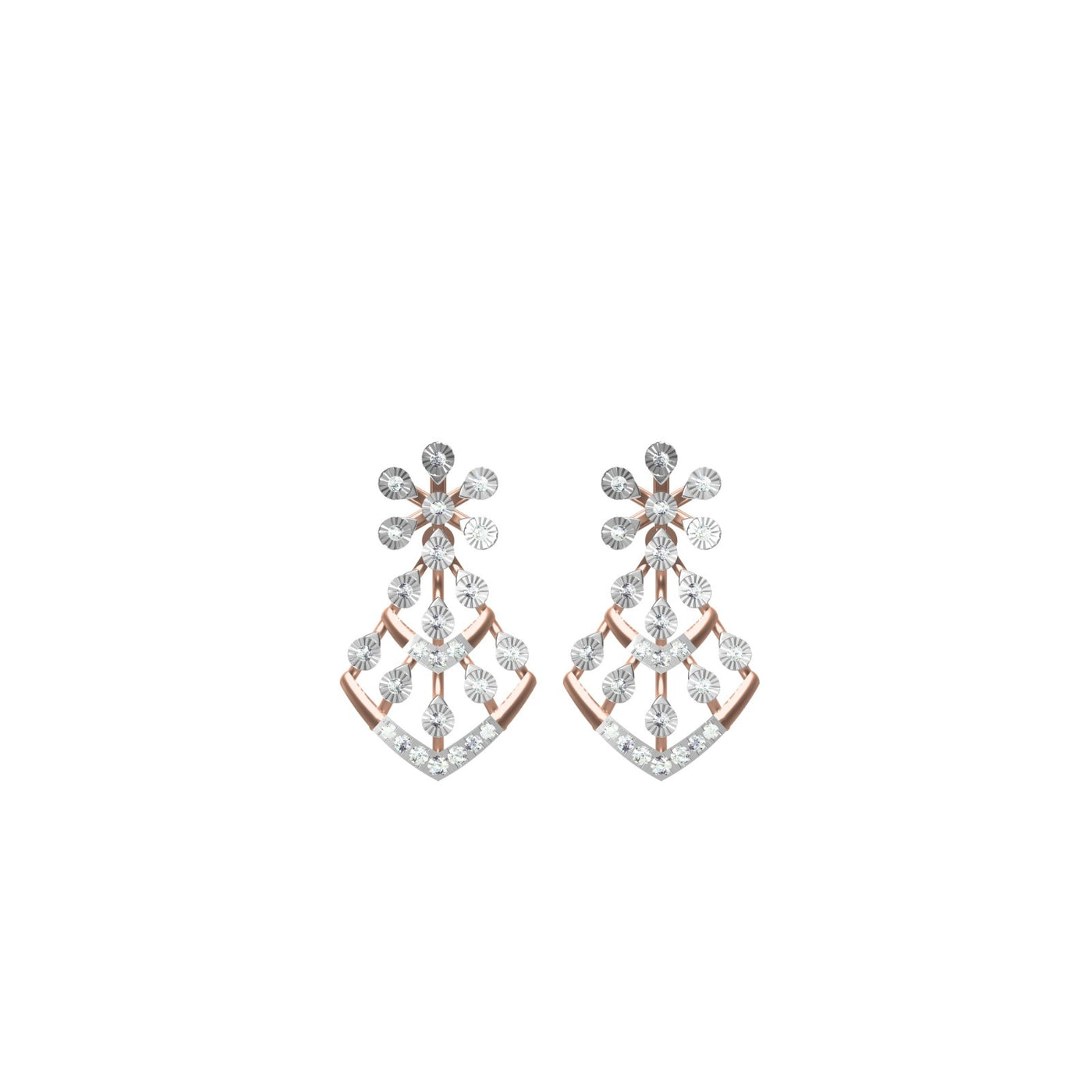Pair of rose gold earrings with diamond-like stones on a white background

