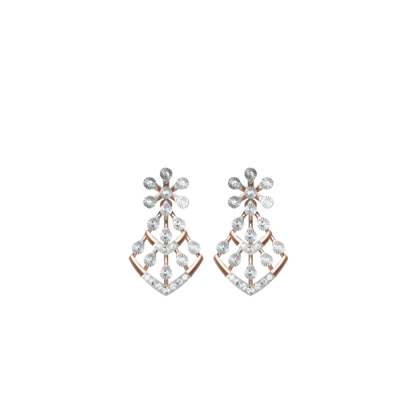 Pair of rose gold earrings with floral-design on a white background