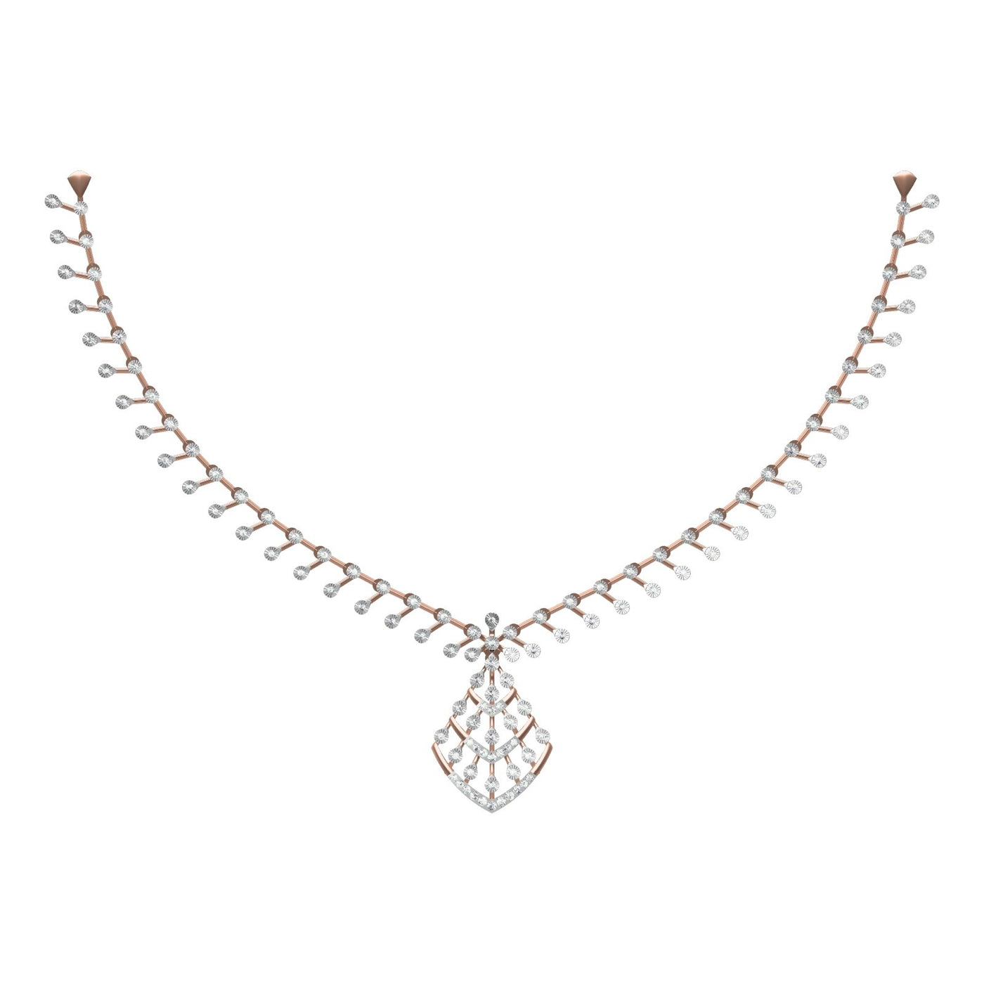 A rose gold and diamond necklace featuring a central teardrop-shaped, shown against a plain white background.