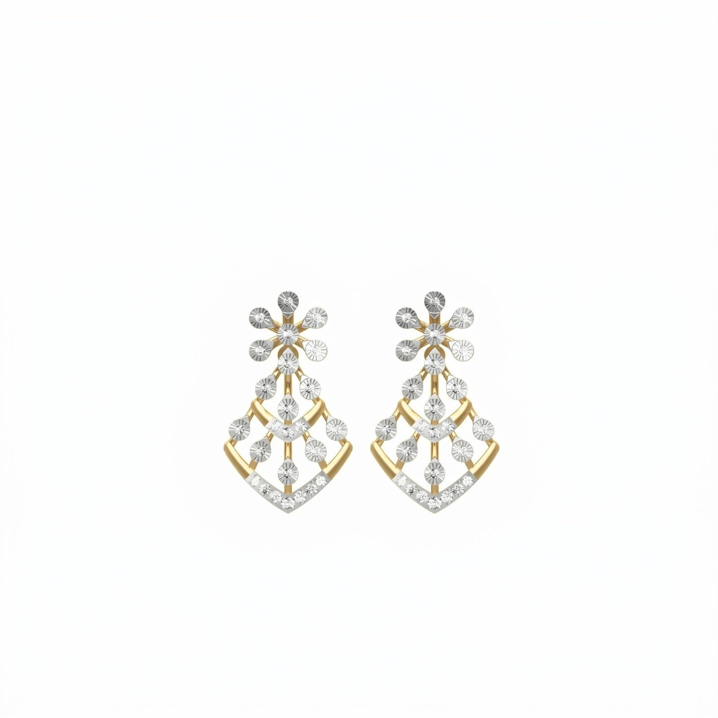 Pair of yellow gold earrings with floral-design on a white background