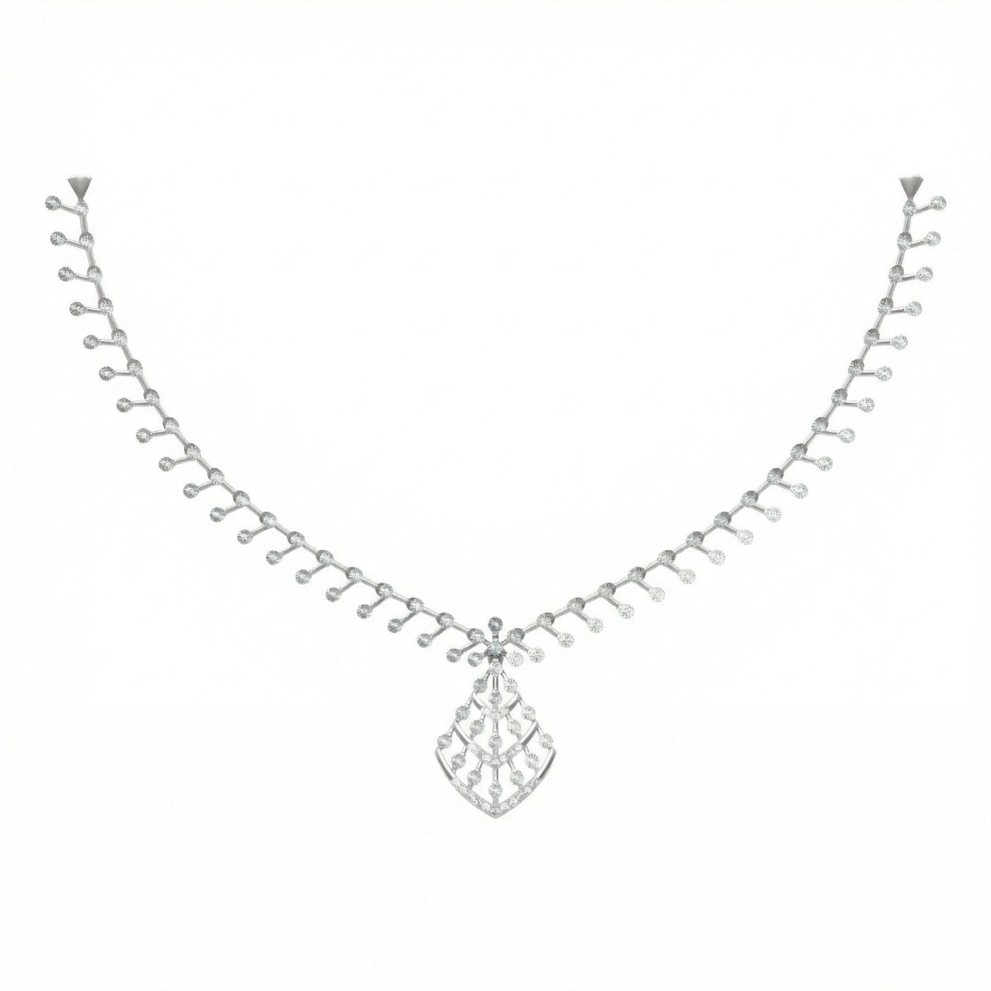 A white gold and diamond necklace featuring a central teardrop-shaped, shown against a plain white background.