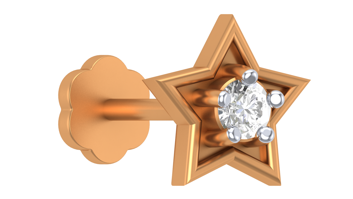 Yellow gold and diamond stud nose pin with a diamond on a white background