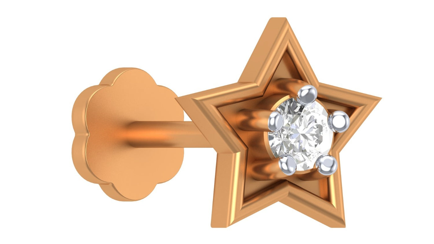  yellow Gold and diamond stud nose pin on a white background