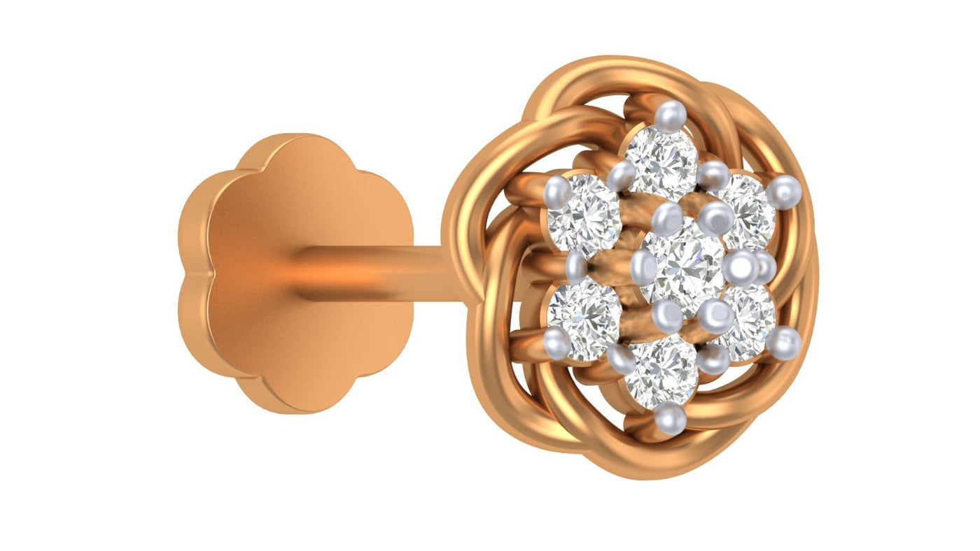 yellow gold and diamond stud nose pin with clear gemstones white background