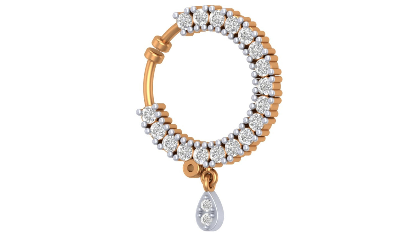 yellow gold and diamond nose ring with a teardrop design on a white background