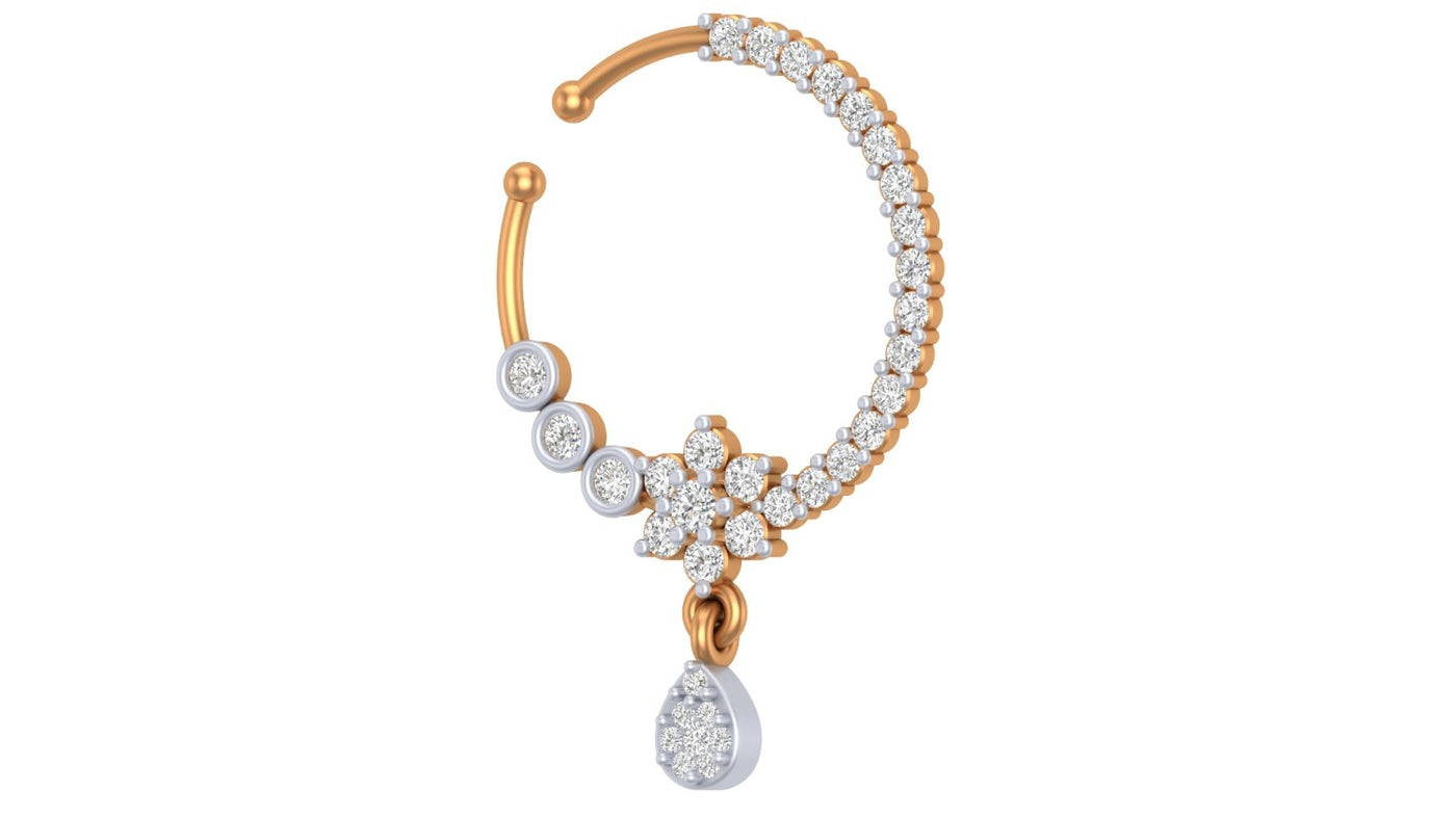 yellow gold and diamond nose ring accents on a white background