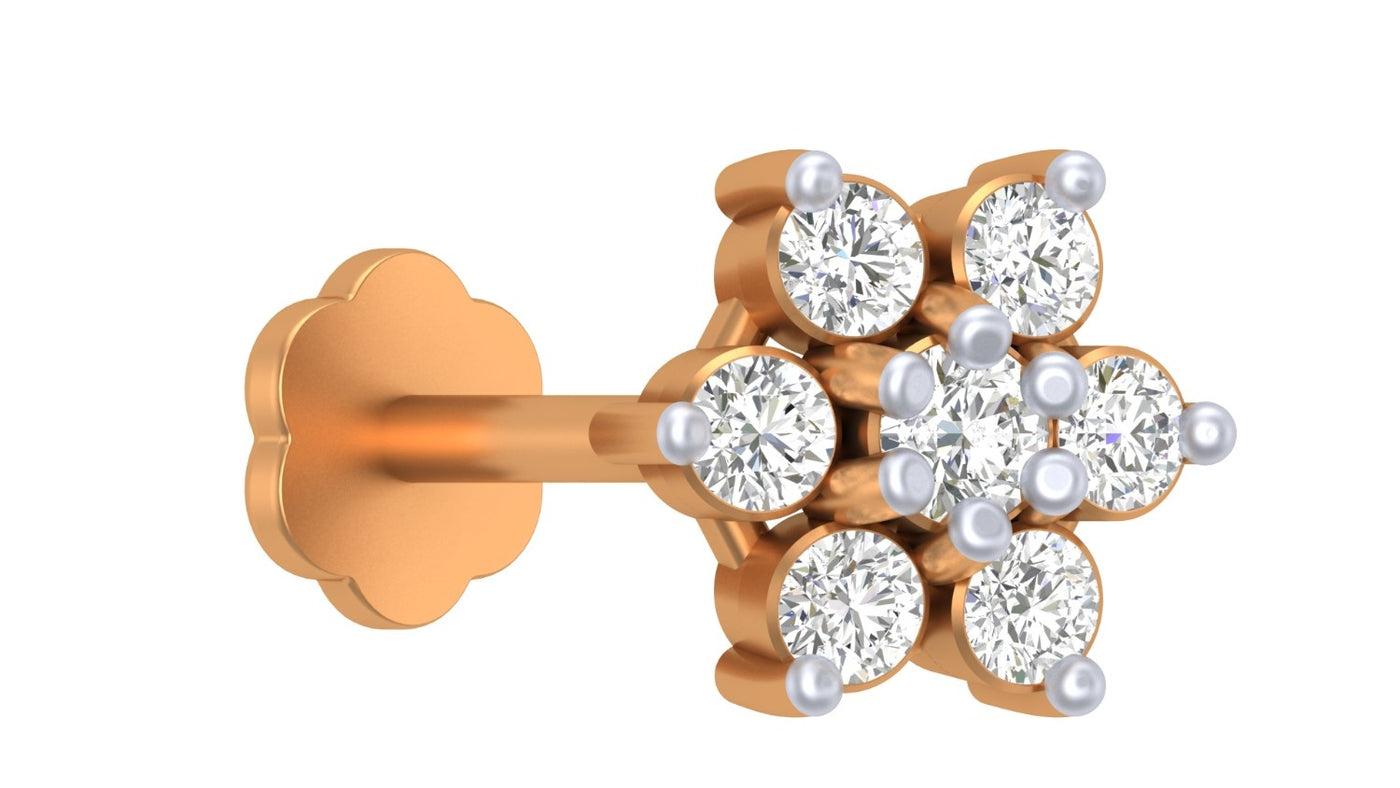 yellow gold and diamond stud nose pin  with diamonds on a white background