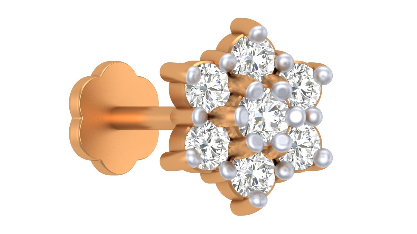 Yellow Gold and diamond stud nose pin on a white background