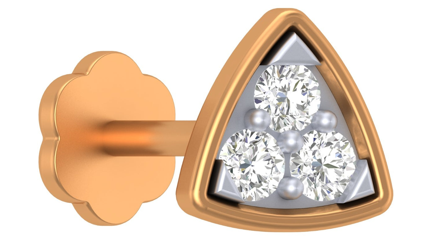 Yellow Gold and diamond stud nose pin with three clear gemstones on a white background
