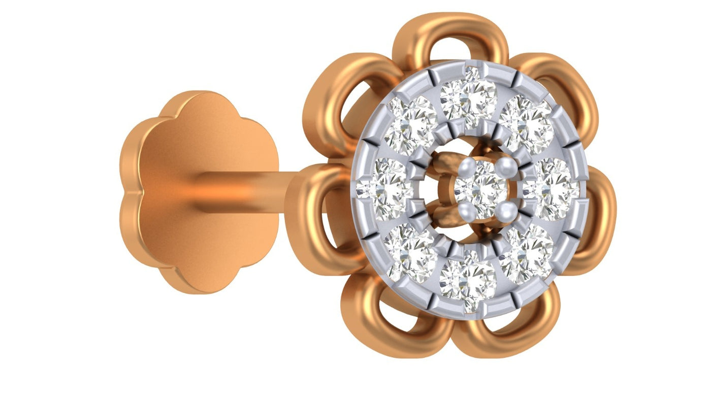 yellow gold and diamond stud nose pin with floral design on a white backround