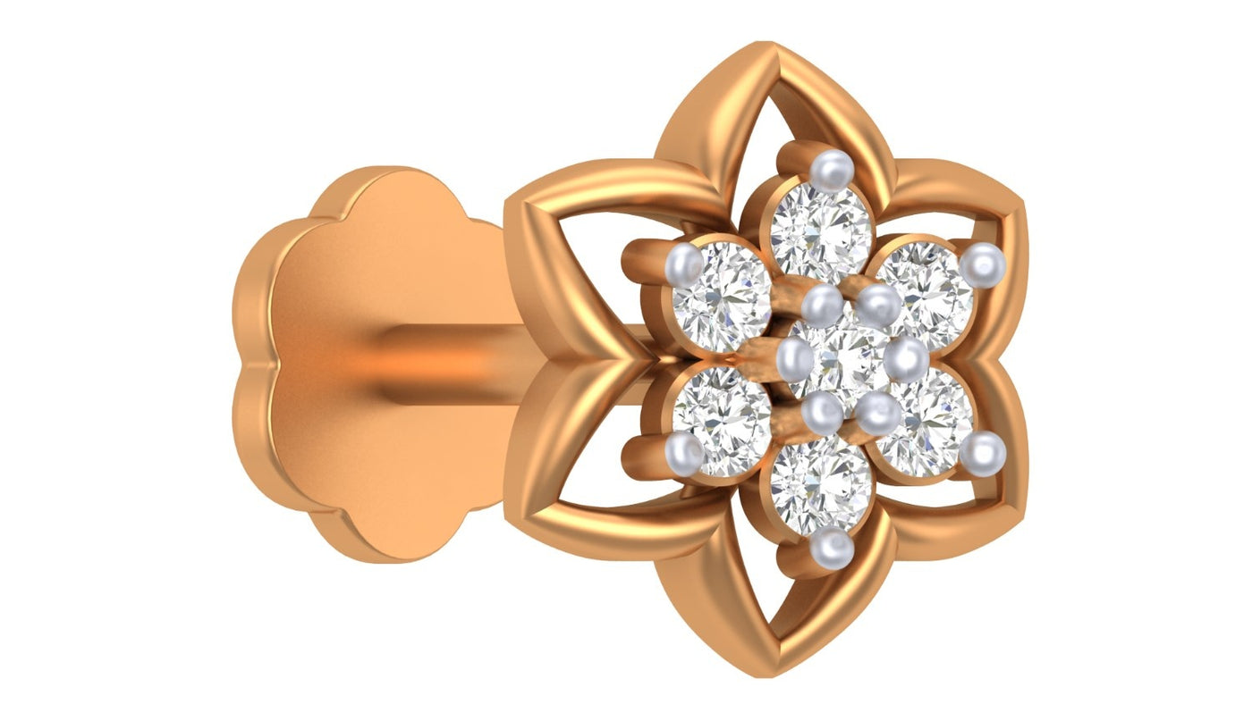 Yellow gold and diamond stud nose pin with clear gemstones on a white background