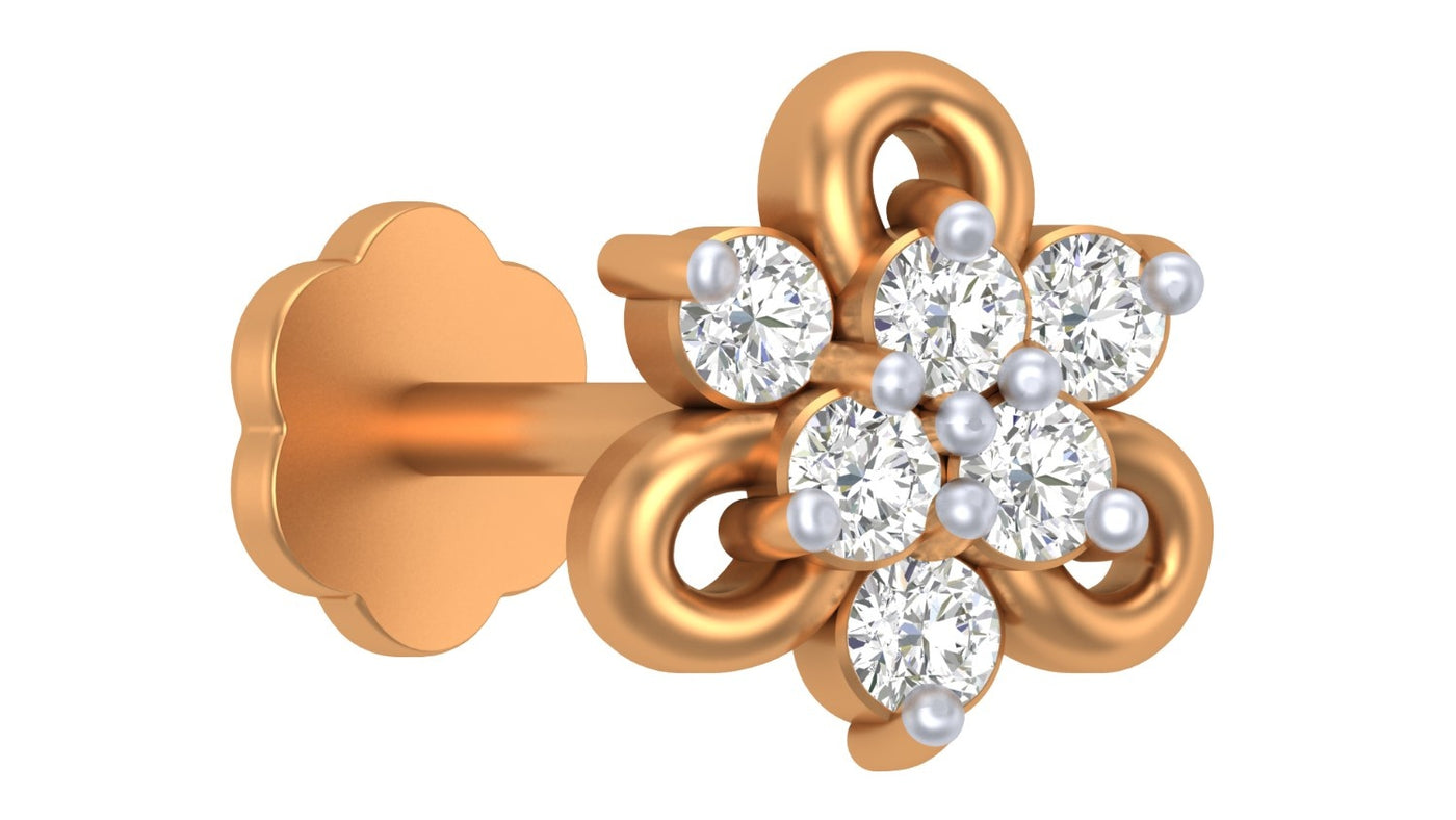 yellow gold and diamond stud nose pin with floral design on a white background