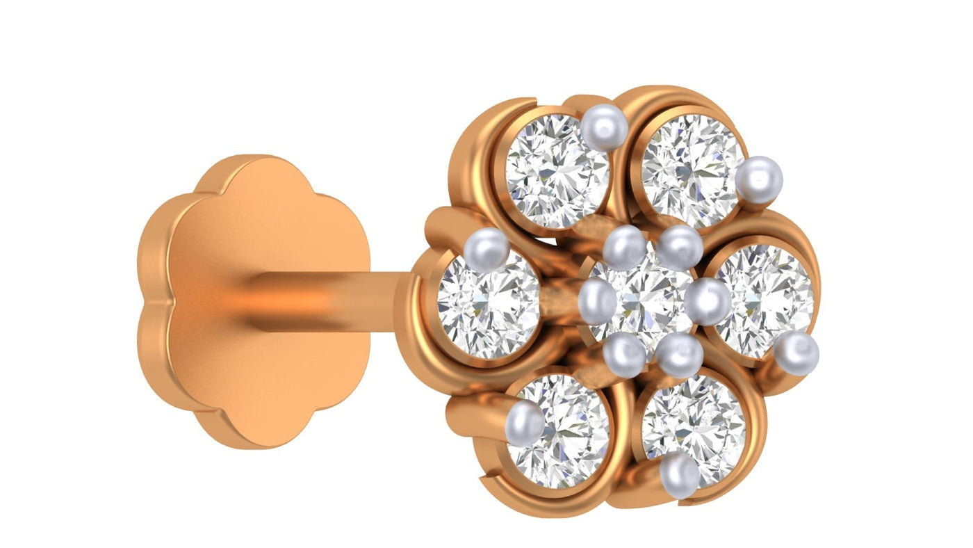 Yellow gold and diamond stud nose pin and pearl design on a white background