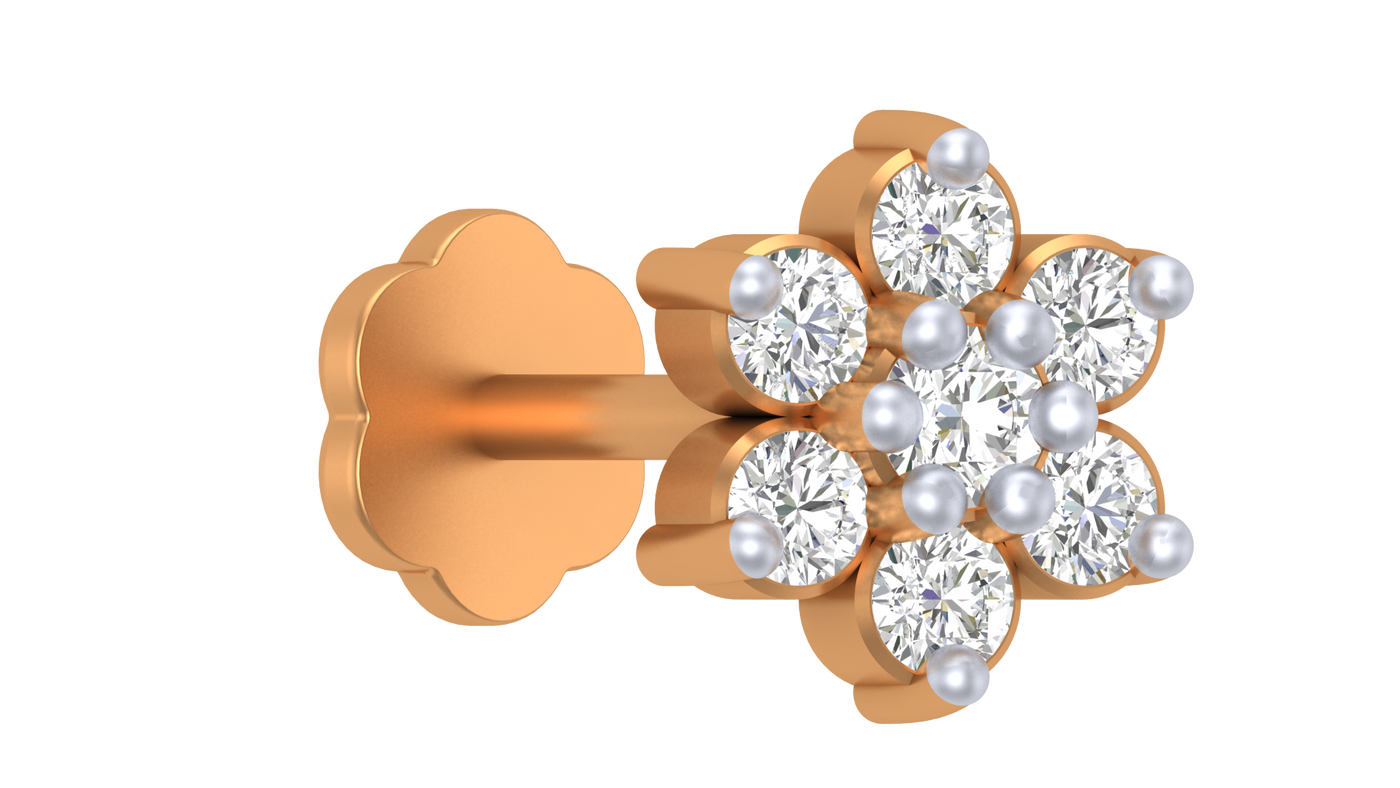 Yellow gold and diamond stud nose pin-like stones on a white background