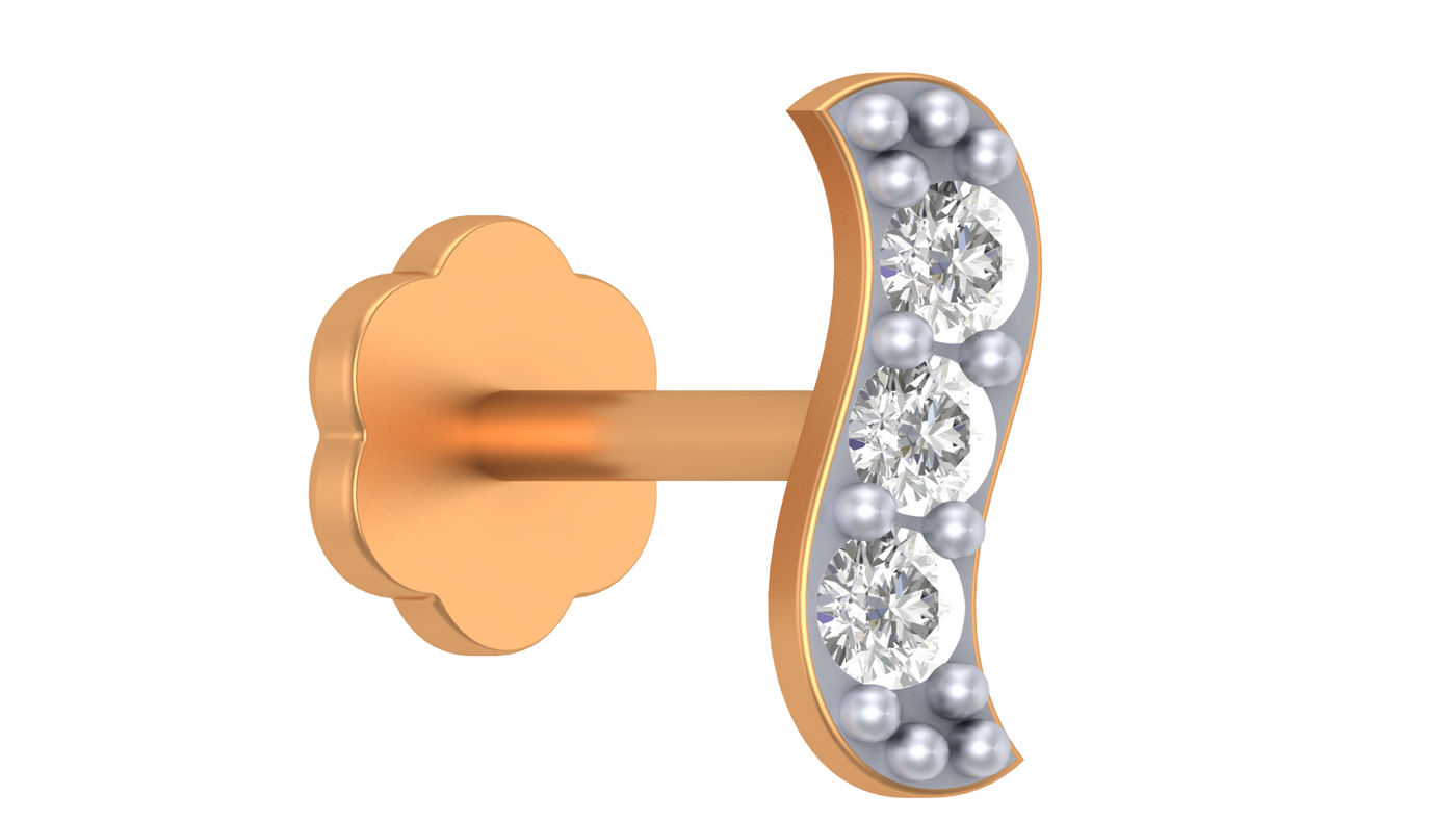 Yellow Gold and diamond stud nose pin with clear gemstones on a white background