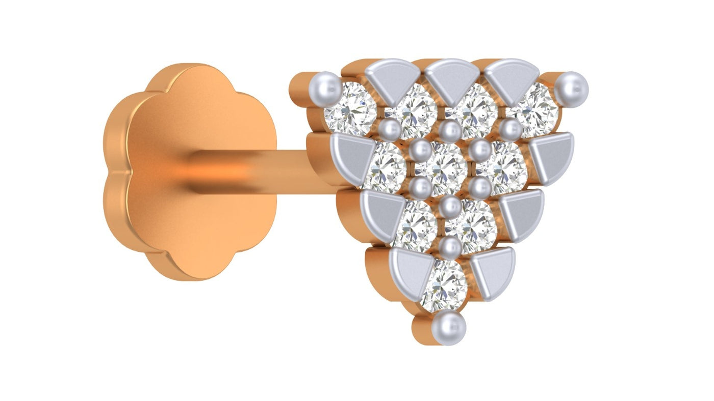 yellow gold and diamond stud nose pin with decorative design on a white background