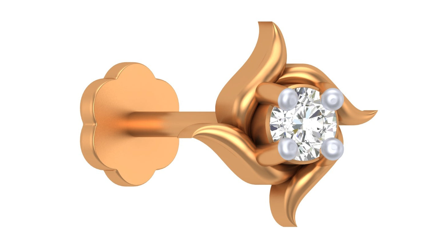 yellow gold and diamond stud nose pin on a white background
