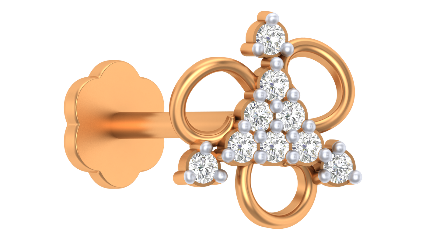 Yellow Gold and diamond stud nose pin pearl design on a white background