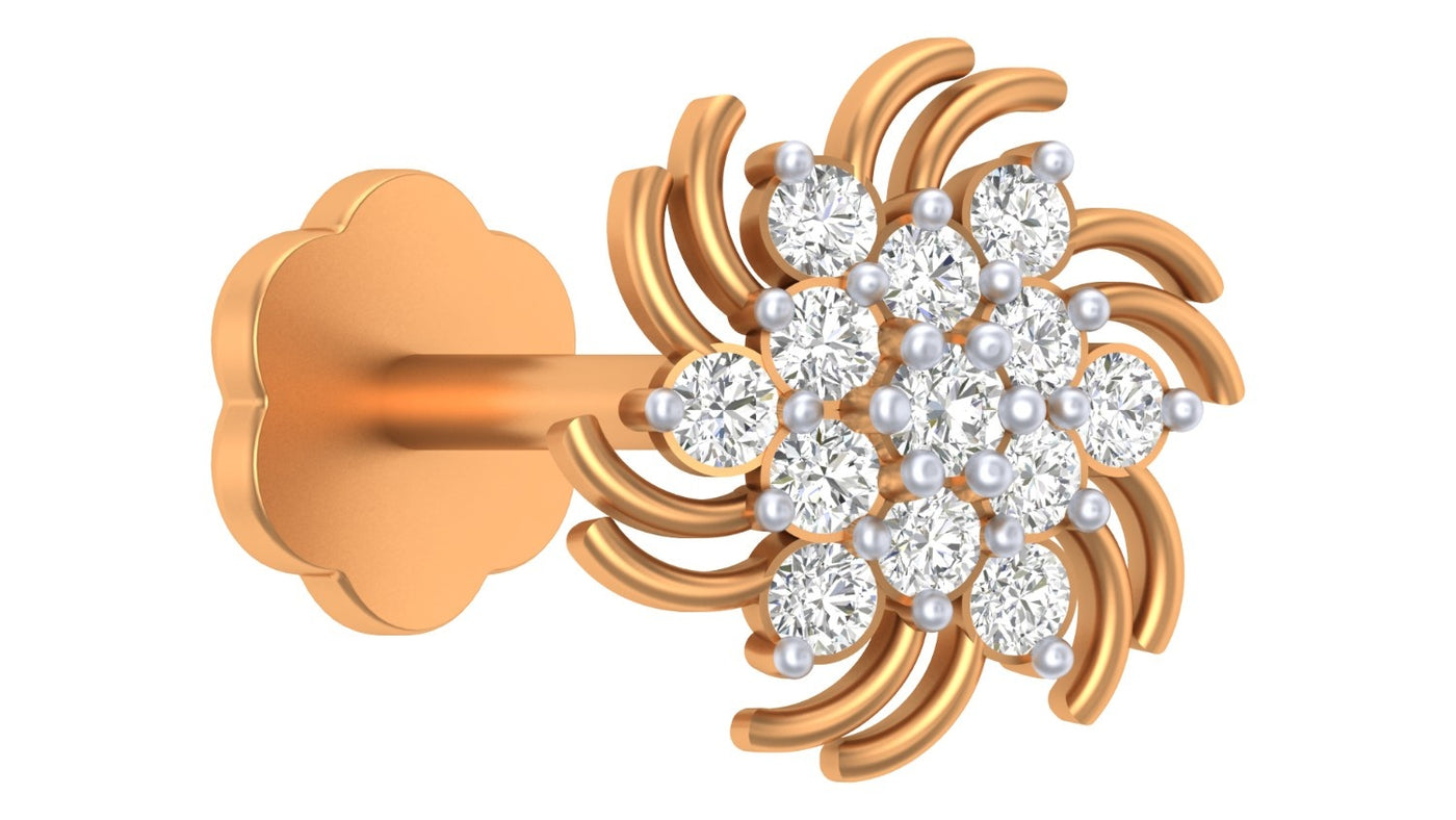 Yellow gold and diamond stud nose pin on a white background
