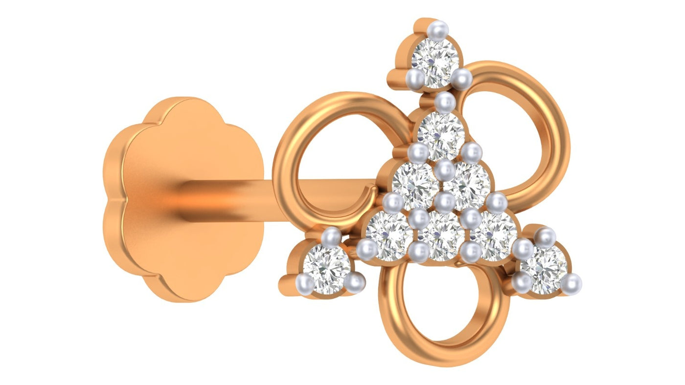 Yellow Gold and diamond stud nose pin pearl design on a white background