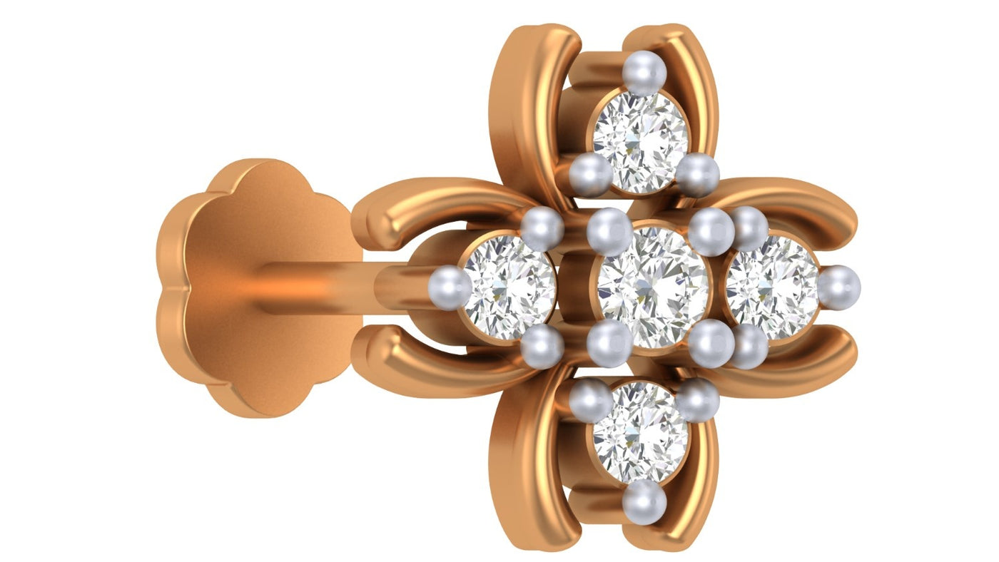 Yellow Gold and diamond stud nose pin-like stones on a white background