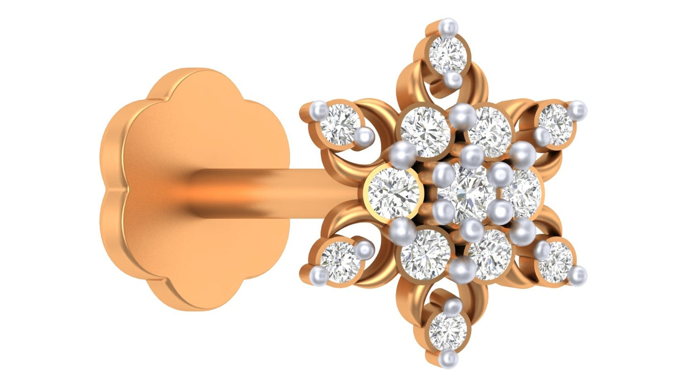 Yellow Gold and diamond stud nose pin and pearl design on a white background