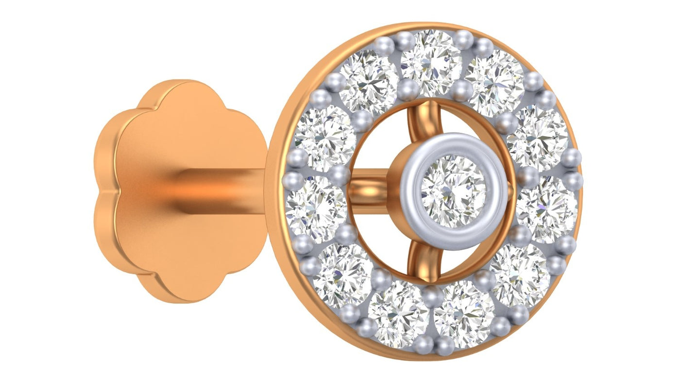 Yellow gold and diamond stud nose pin on a white background