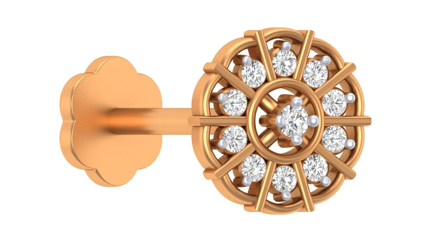 Yellow gold and diamond round nose pin accents on a white background