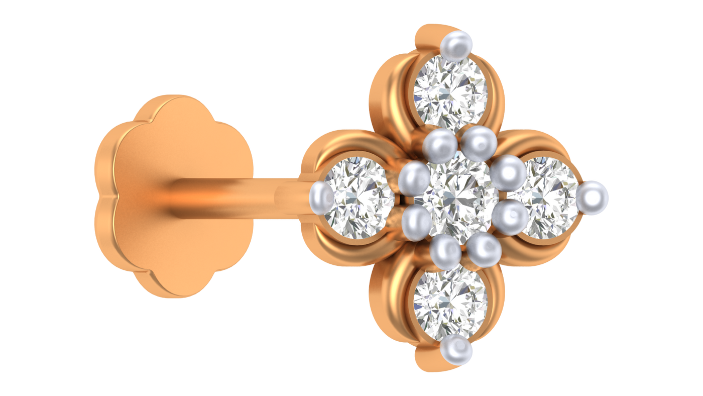 Yellow Gold and diamond stud nose pin with diamonds on a white background