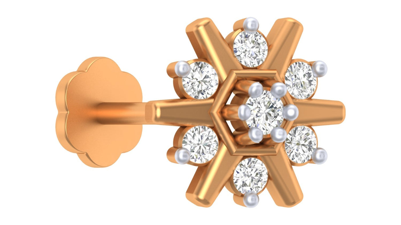 Yellow gold and diamond stud nose pin-like stones on a white background
