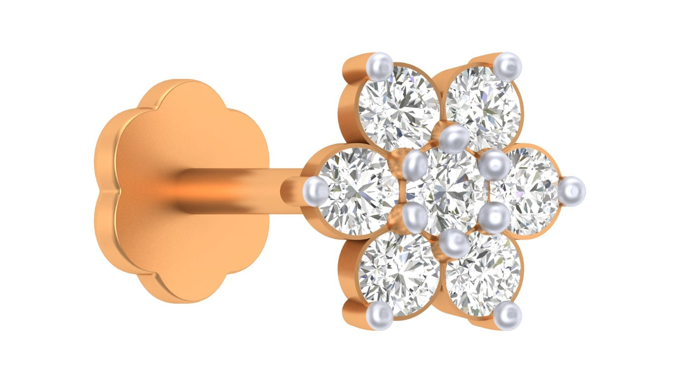 yellow gold and diamond stud nose pin with diamond-like stones on a white background