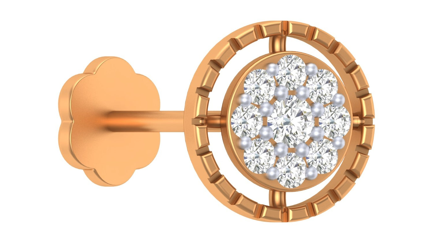 Yellow gold earring with diamond stud nosepin cluster on a white background